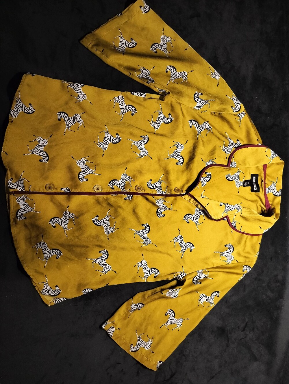 Room Service Zebra Print Button-Up Pj Shirt Mustard Yellow Purple Piping Small - Picture 6 of 7